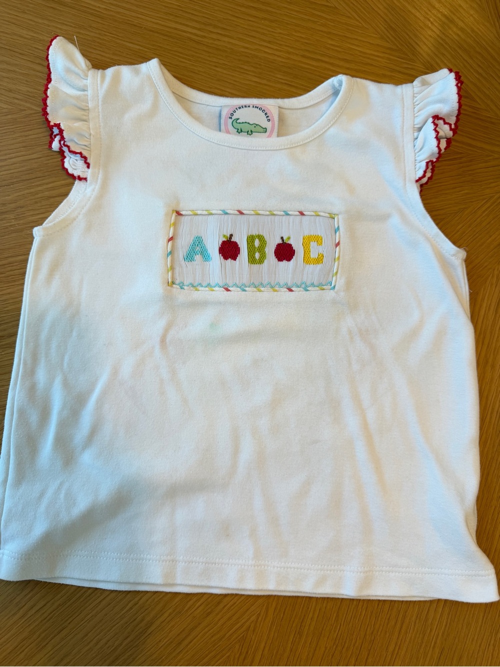 ABC Apple Embroidered 24mo Girls' Ruffle Top by Southern Smocked Co.